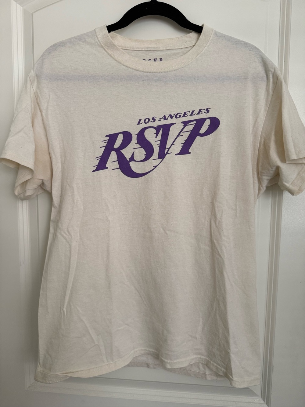 RSVP Cream Short Sleeve Tee with Purple Los Angeles Script